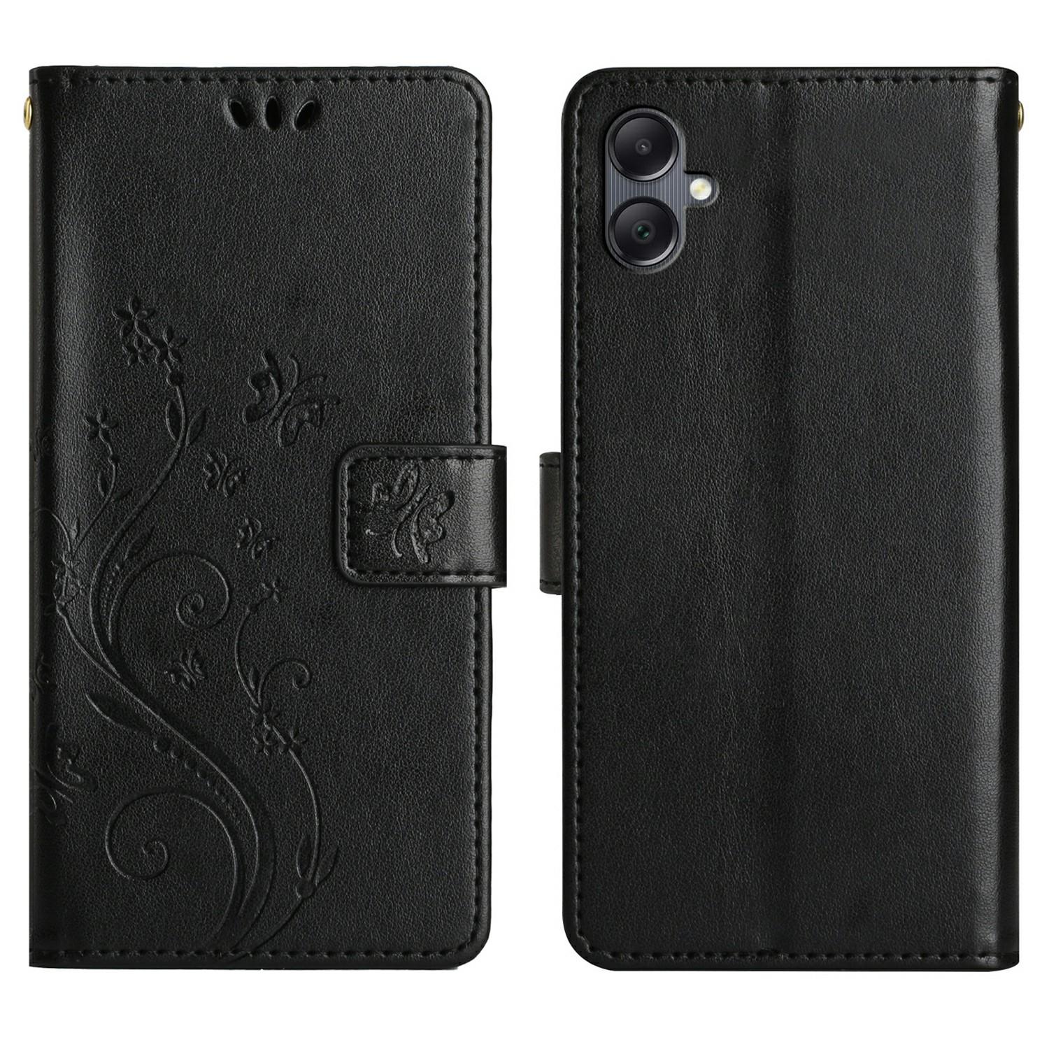

Шкіряний чохол-гаманець для Samsung Galaxy A25e з тисненням у вигляді метелика та квітки, чохол для телефону з ремінцем Black