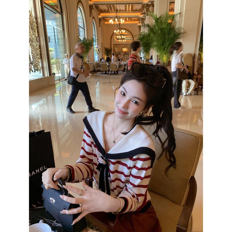 Women s Retro Striped Knitted Cardigan with Bowknot S