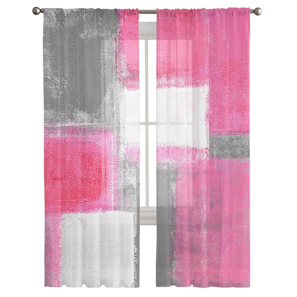 Oil Painting Abstract Texture Pink Bedroom Transparent Sheer Curtains Holiday Decoration Window Voile Tulle Curtain