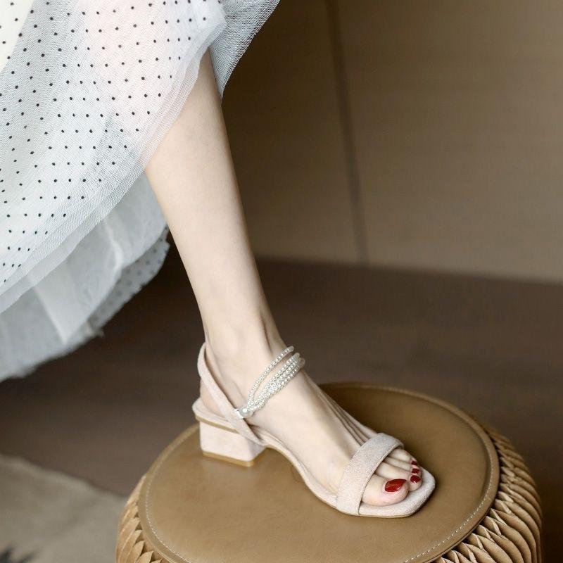 

Coarse heel sandals women s summer 2024 new versatile one-word with pearl small fresh medium heel fairy style fashion high heels 40