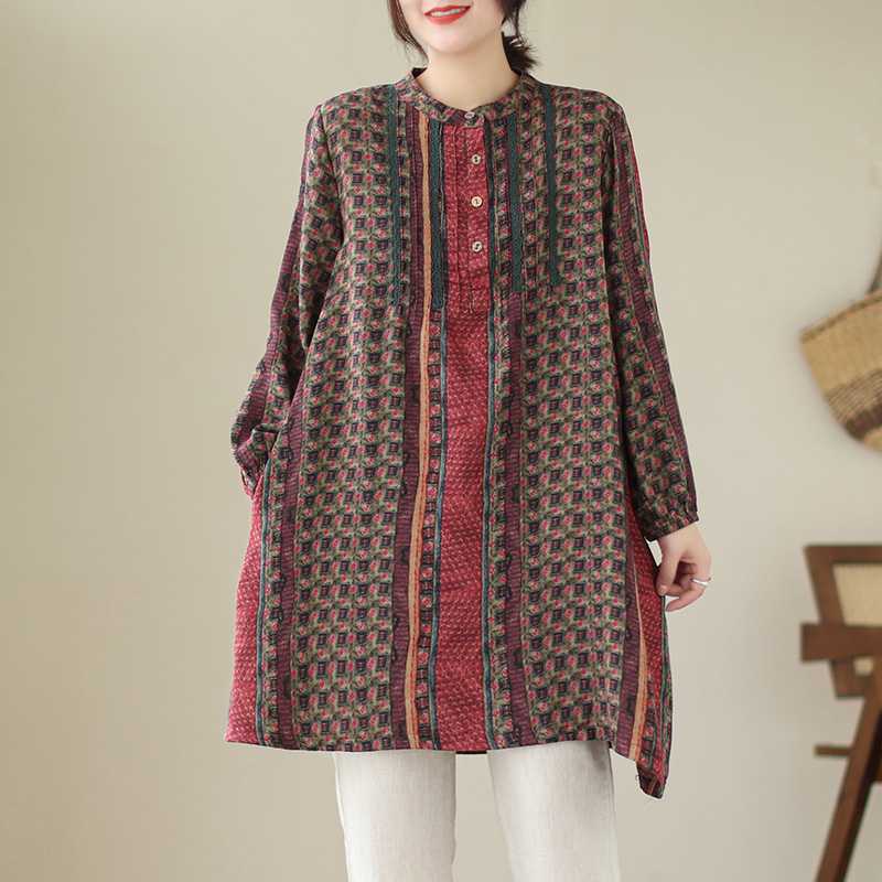 Women's Floral Print Cotton Linen Blend Long Sleeve Tunic Dress Pleated Stand Collar Loose Fit Casual Midi Shirt Dress