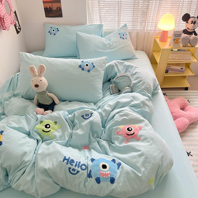 Håndkle Brodert Laken Dynetrekk Seng 4 stk Sett Vasket Bomull Student Tredelt Sett Sengetøy