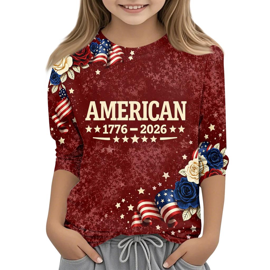 Children's Independence Day Printed Round Neck Seven Quarter Sleeve Casual T-shirt