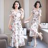 Women's Summer Dress Large Size Chiffon Print Round Neck Short Sleeve Skirt Length To Calf