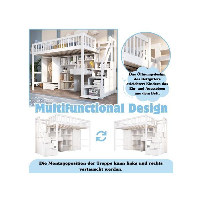 Jednoduchá multifunkční postel - MUVOE - 90x200 - Masivní dřevo - Integrovaný psací stůl - Bílá