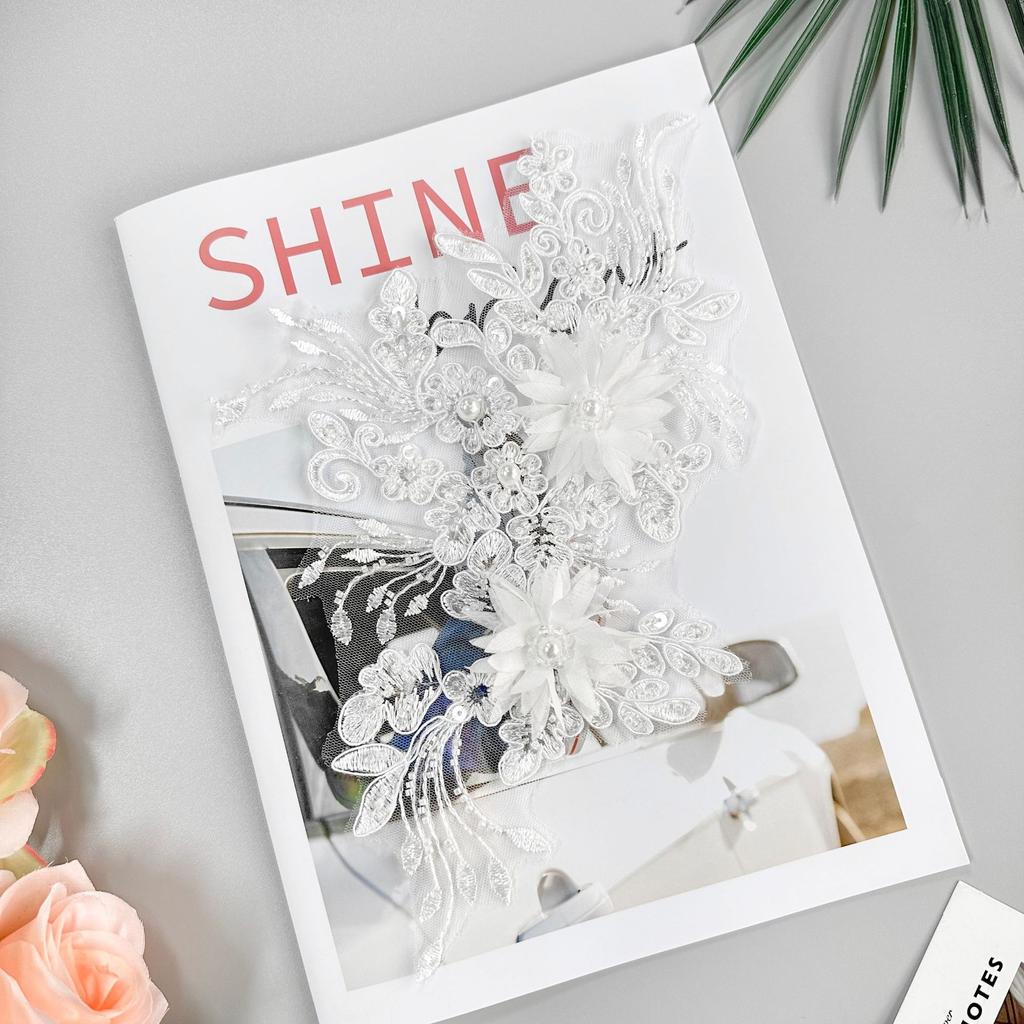 White Strand Bead Embroidery Three-Dimensional Flower Decoration Cloth Sticker Clothing Dress Wedding Bag Accessories Cloth Sticker Accessories
