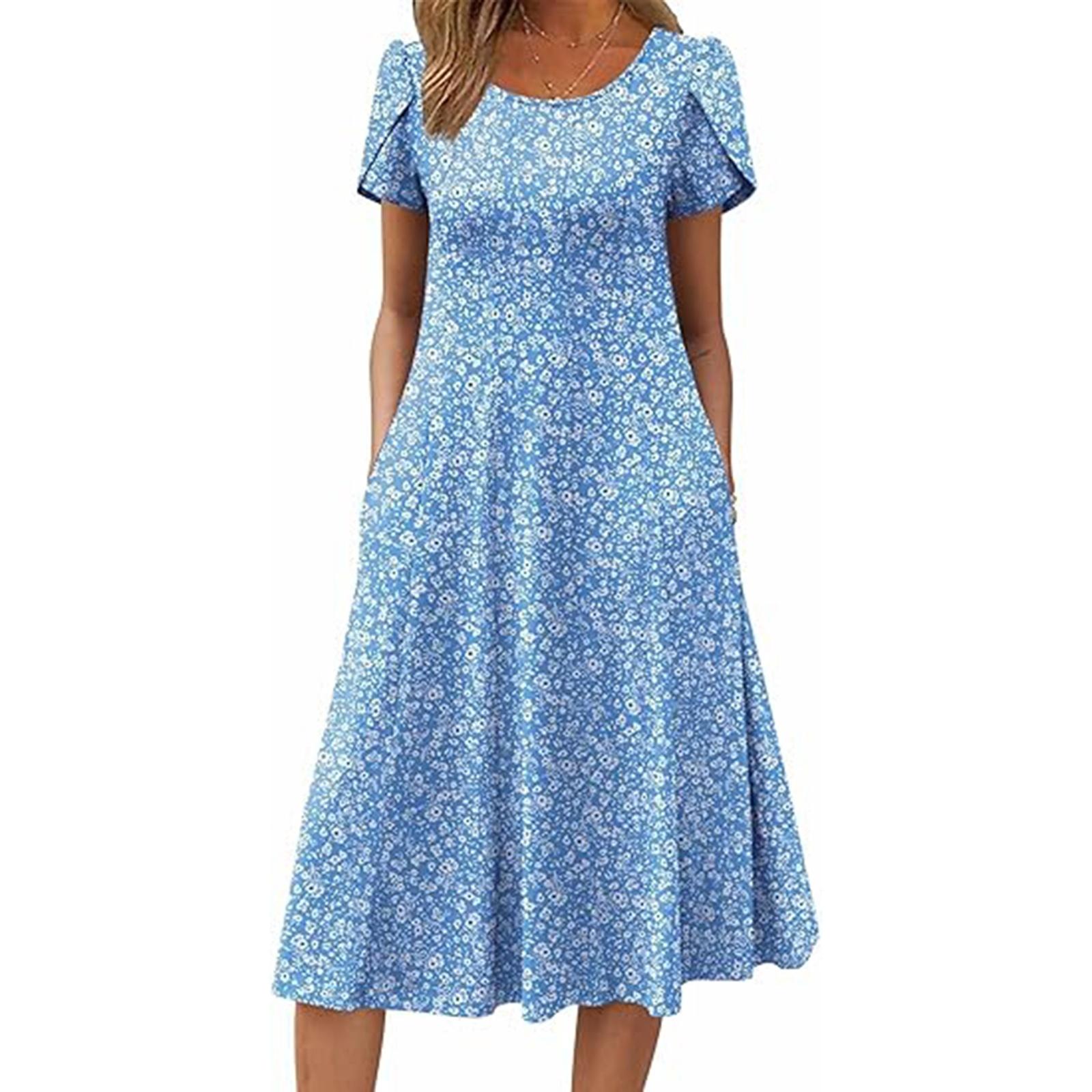 

Women s Fashion Spring And Summer Dress Casual Short Sleeve Round Neck Elegant Mid-length Beach Dress XL небо синє кольору