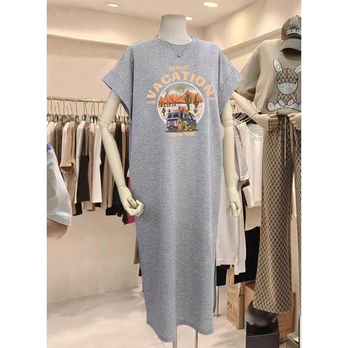 Vară Nouă Rochie Tricou cu Mânecă Scurtă Imprimată pentru Femei, Stil Coreean Larg și Casual Mărimi Mari Rochie cu Mâneci Fluture Rochie Lungă