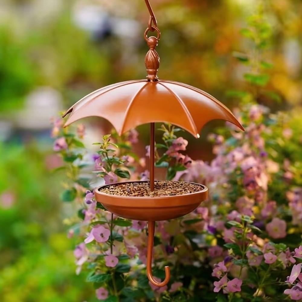 Rustic Hanging Platform Feeder Iron Bird Rest Station Umbrella-Shaped Bird Feeder Garden