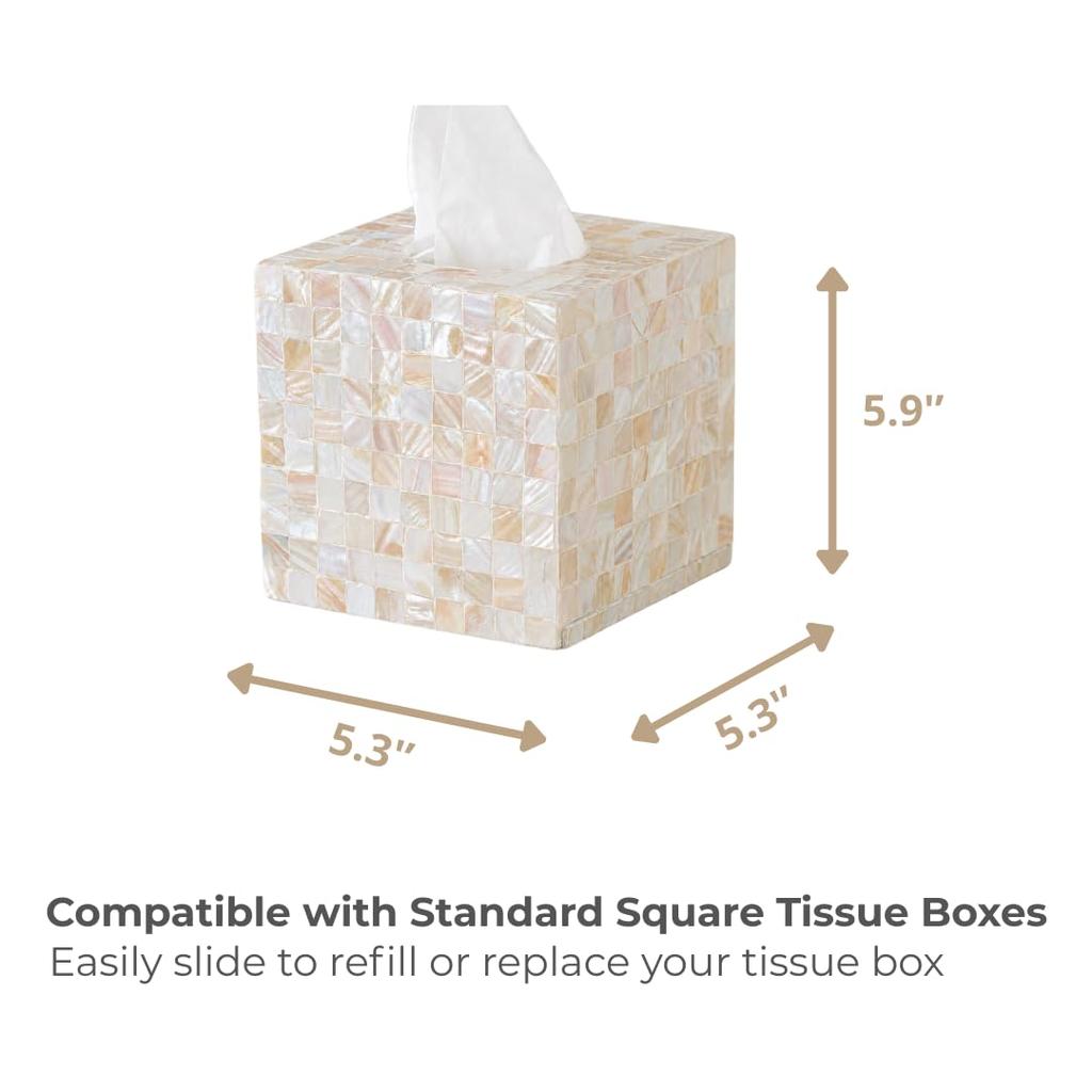 Mother-of-pearl Inlaid Square Tissue Box Handcrafted with a Sliding Base White Color.