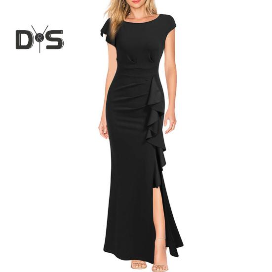 Women Summer O Neck Short Sleeve Gown Dress High Waist Side Ruffle Decor Split Hem Slim Fit Hip Wrapped Evening Party Dress