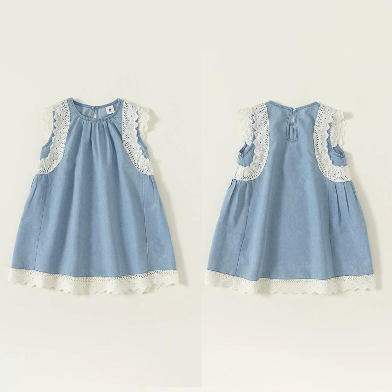 Simple Solid Color Lace Design Children Sleeveless Dress For Kids Girls Ages 3 To 8