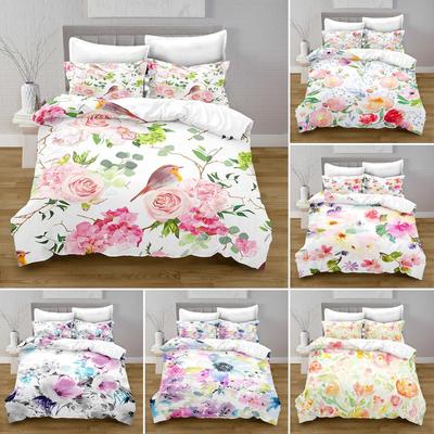 Blumiger Bettbezug King/Queen Größe, Aquarell Blumiges Bettwäscheset, Bunte Blumen Grünes Blatt Vogel Druck Bettbezug für Frauen