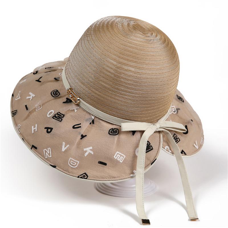 

Fashion letter print sunscreen visor children spring and summer travel foldable organza splicing big eaves bucket hat M（56-58cm）