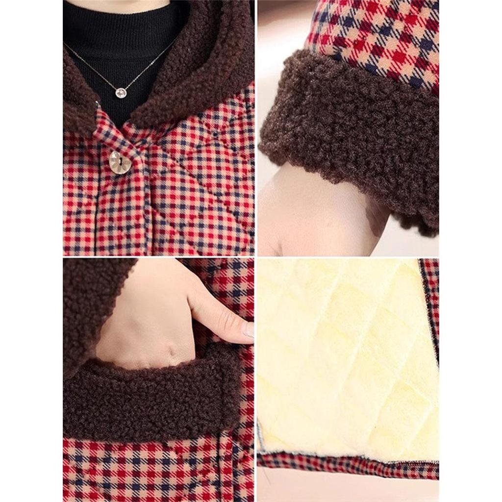 Winter Coat Vintage Velvet And Thickening Single Breasted Cotton Coat for Women Fit Cotton Clip Warm Long Parka Plaid Coat