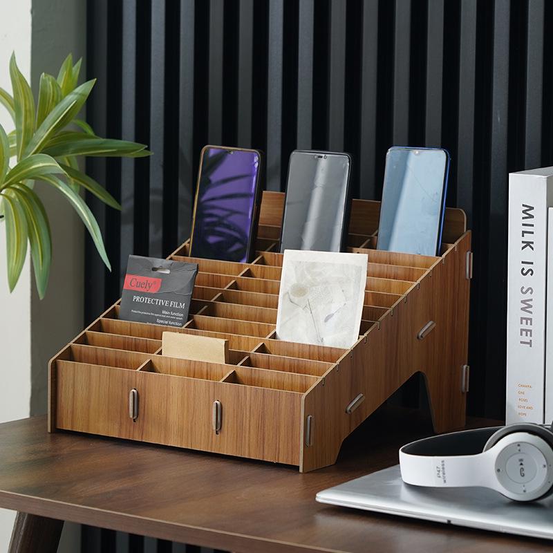 Wooden Desktop Mobile Phone Holder & Organizer with Multi-Compartments for Students & Meetings