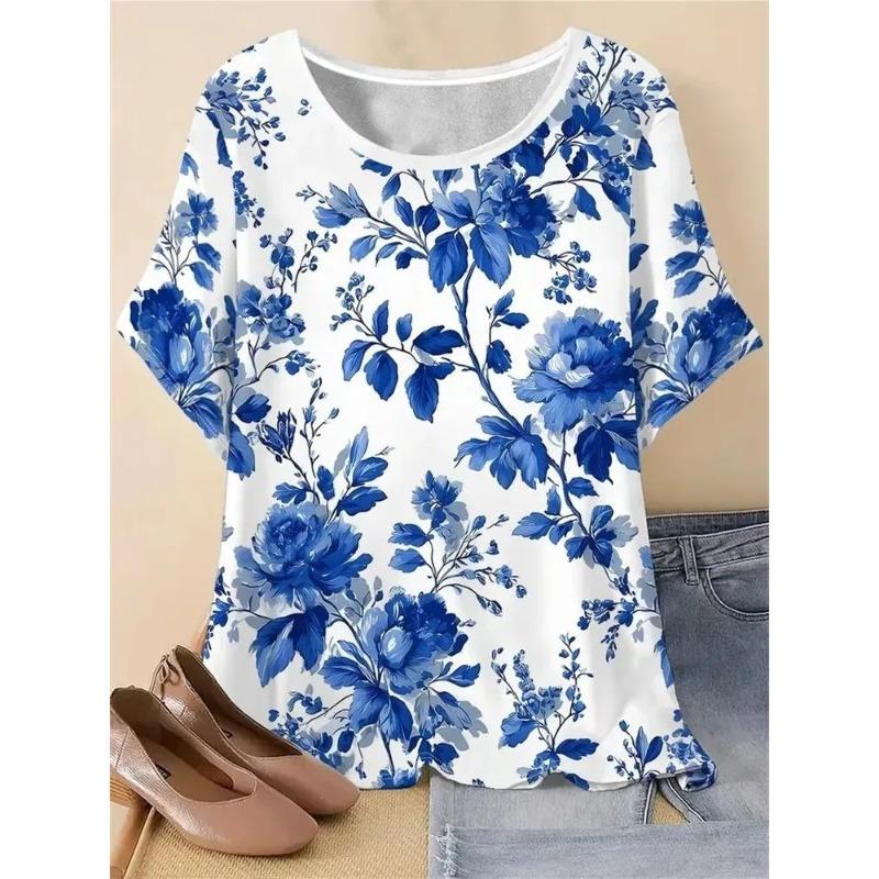 Crew Neck Pleated Neckline Short-sleeved T-shirt Watercolor Large Flower Full Print Light Beach Vacation Loose Meat Cover Top Women