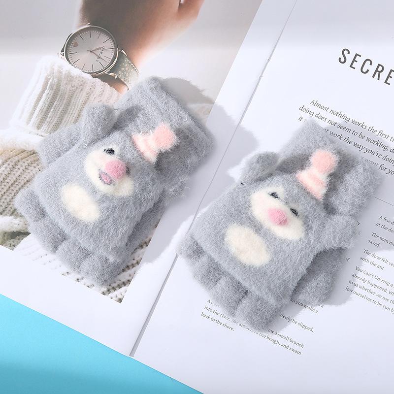 

New Cartoon Raccoon Children s Warm Gloves Winter Cold Protection Thickened Little Girl Writing Half Finger Flip Cover Five Fingers one size
