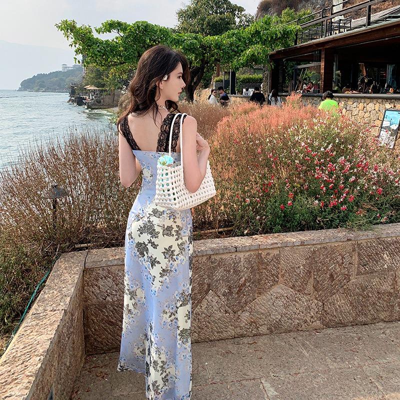 New Oil Painting Feeling Heavy Industry Splicing Lace Waist Floral Mesh Vacation Dress Women's Summer