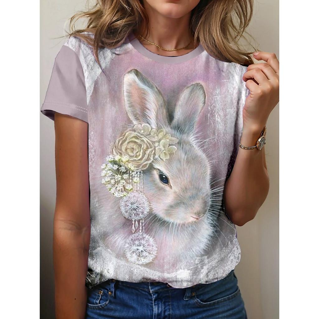 Women's Fun Rabbit Printed T-shirt Short Sleeve T-shirt Top 3D Printed Round Neck Shirt Summer Casual Women's Clothing