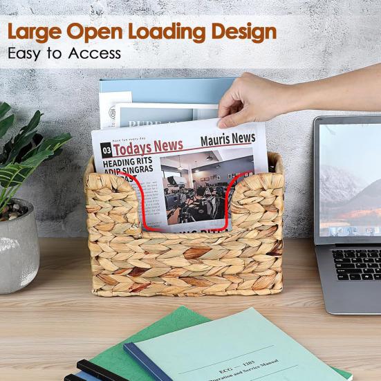 سلة منسوجة يدويًا من قش الماء منظم مجلات جداري للكتب والملفات والصحف سلة تخزين من الخيزران ريفي بمقبض واحد للمدخل الحمام