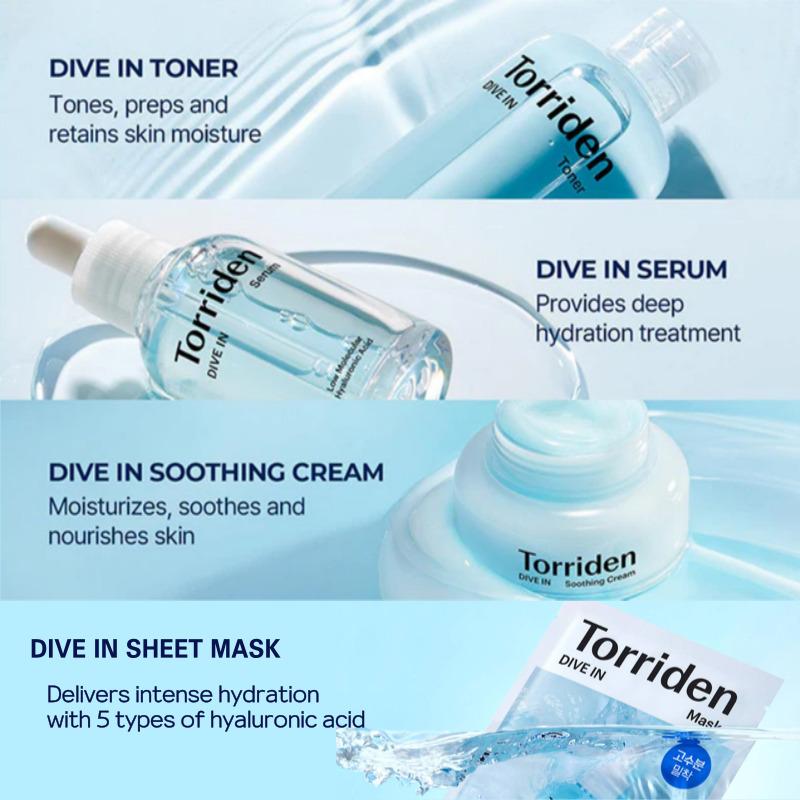TORRIDEN Dive-In Skincare 4-Step Set (Toner 300ml + Serum 50ml + Soothing Cream 100ml + Sheet Mask 10 Sheets)