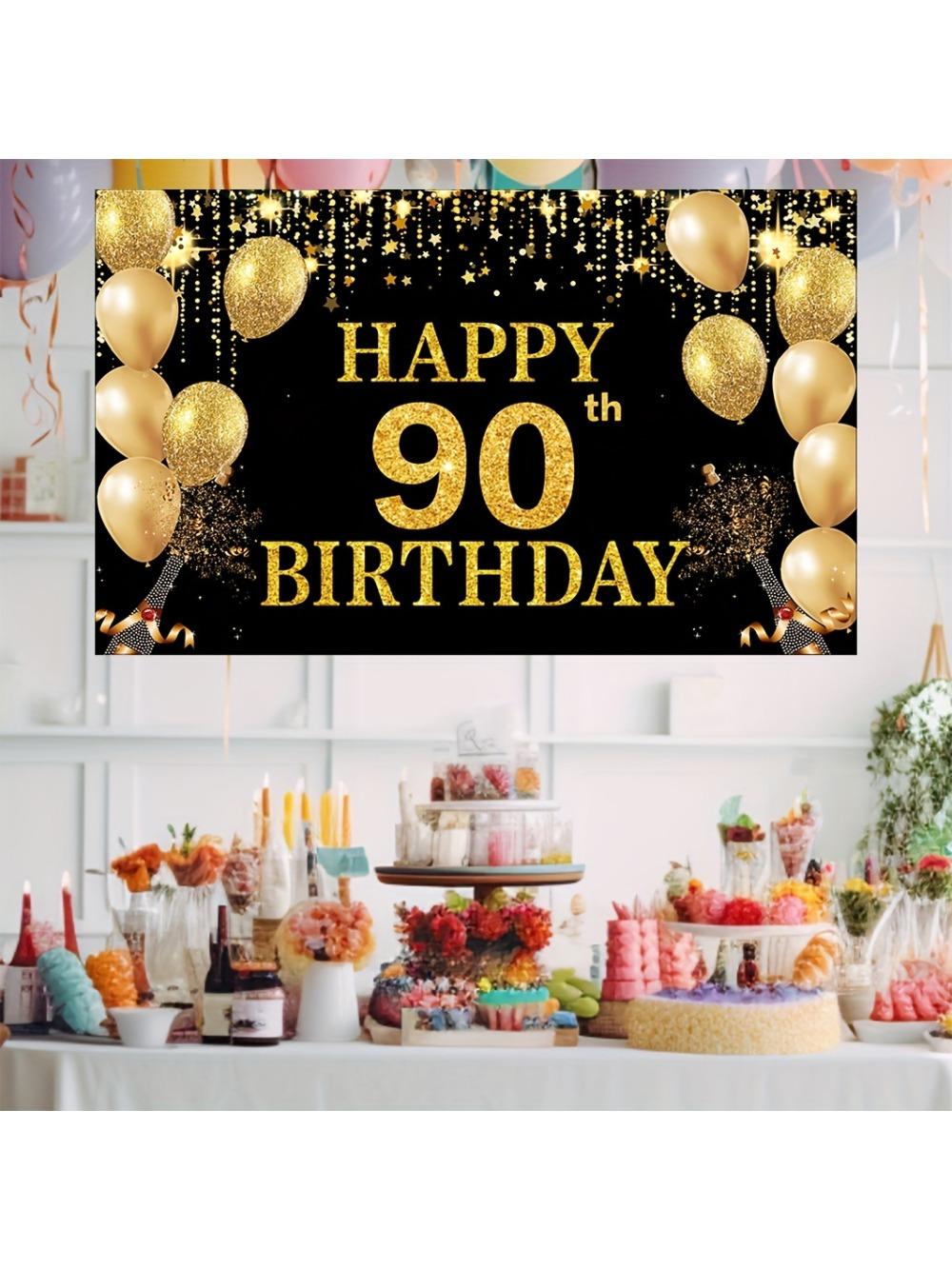 Grand occasion Happy 90th Birthday party background - sparkling black gold with sparkling stars and gold dots 100x150