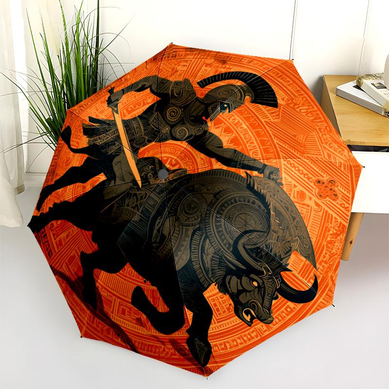 Warrior Cow pattern, automatic folding umbrella, portable and foldable design, 8 ribs, a Christmas or birthday gift.