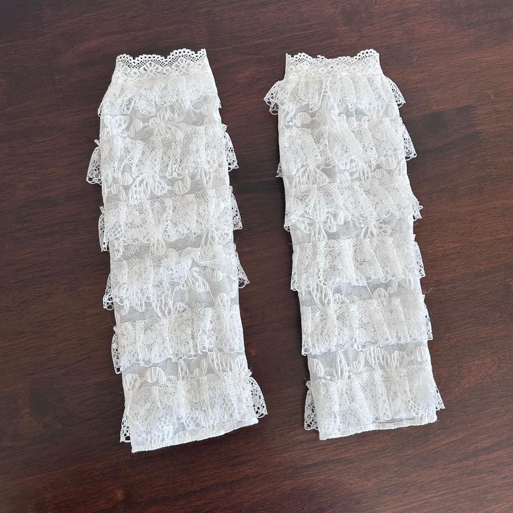 Sweet Lace-trimmed Leg Covers Harajuku Lolita Socks Tiered Ruffle Foot Cover with Drawstring Ribbon Princess Mesh Leg Sleeves