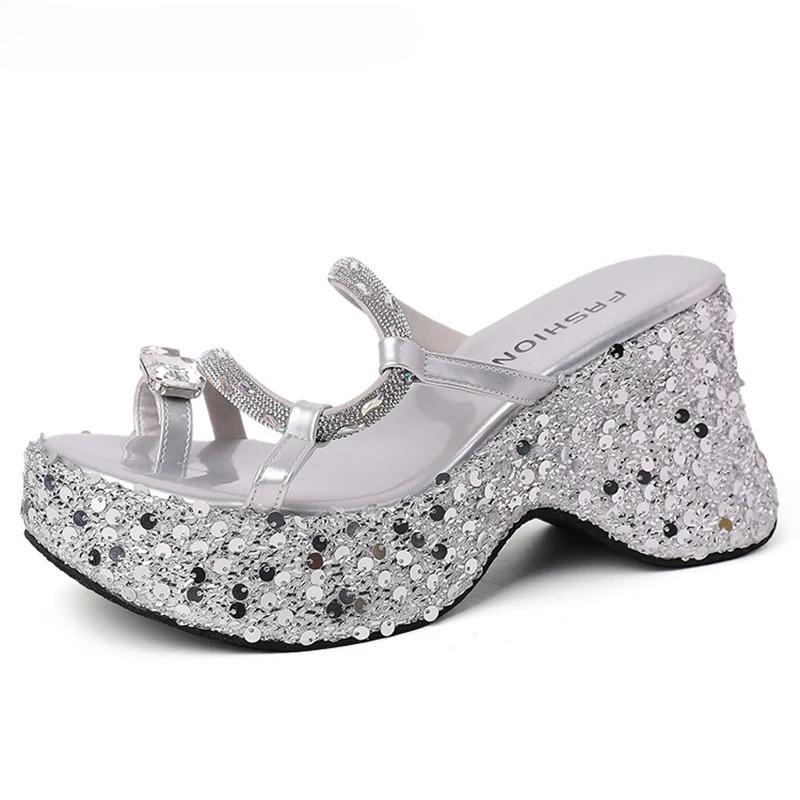 Summer Platform Thick Bottom Women Slippers Elegant Crystal Narrow Band Shoes Ladies Concise Wedges Heel Slides