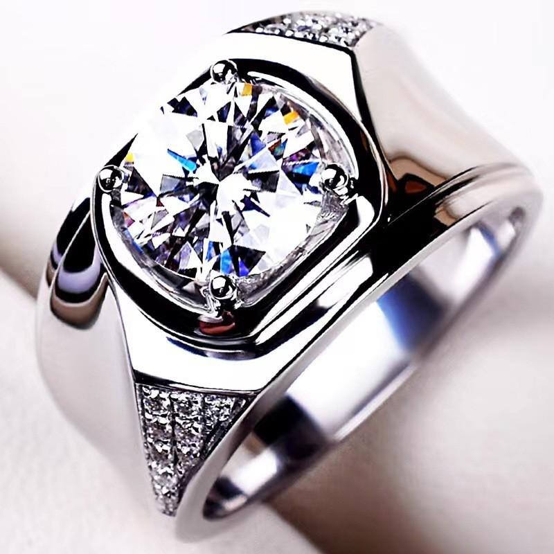 Mens Adjustable Open Ring With 2ct Simulated Moissanite White Gold Plated Geometric Design Business Casual Wear
