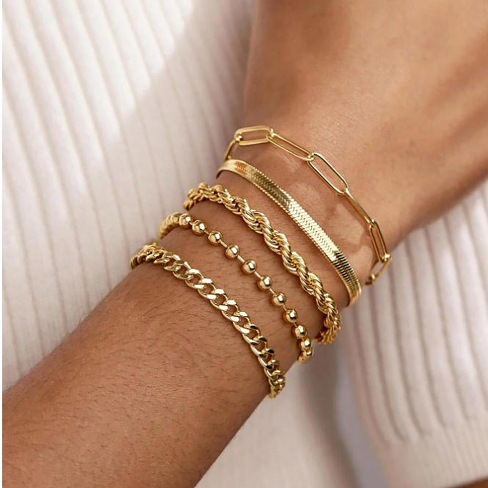 5Pcs Gold Color Bracelets Set For Women Dainty Beaded Cuban Paperclip Chain Adjustable Multilayer Trendy Jewelry Accessories