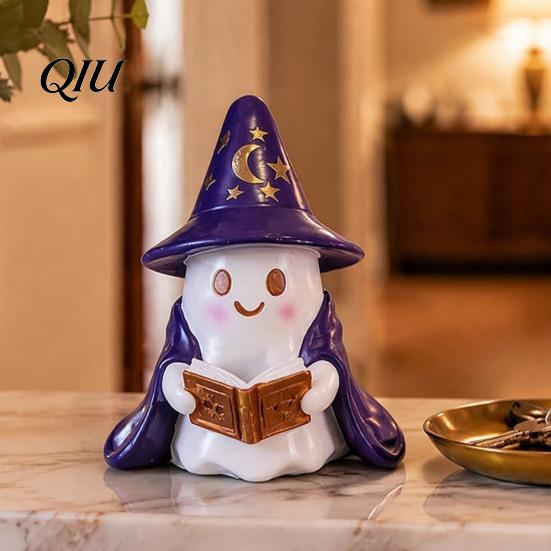 Desktop Halloween Ornament Lighted Ghost Figurine, Resin Wizard Statue with LED Light, Cute Holiday Figurine Reading Book Night Light for Home