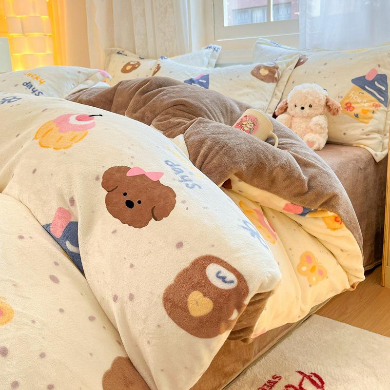 Thickened Milk Fleece Four-Piece Set, Coral Flannel Quilt Cover, Double-Sided Fleece Bed Sheet Quilt Cover, Bed Hat Three-Piece Set