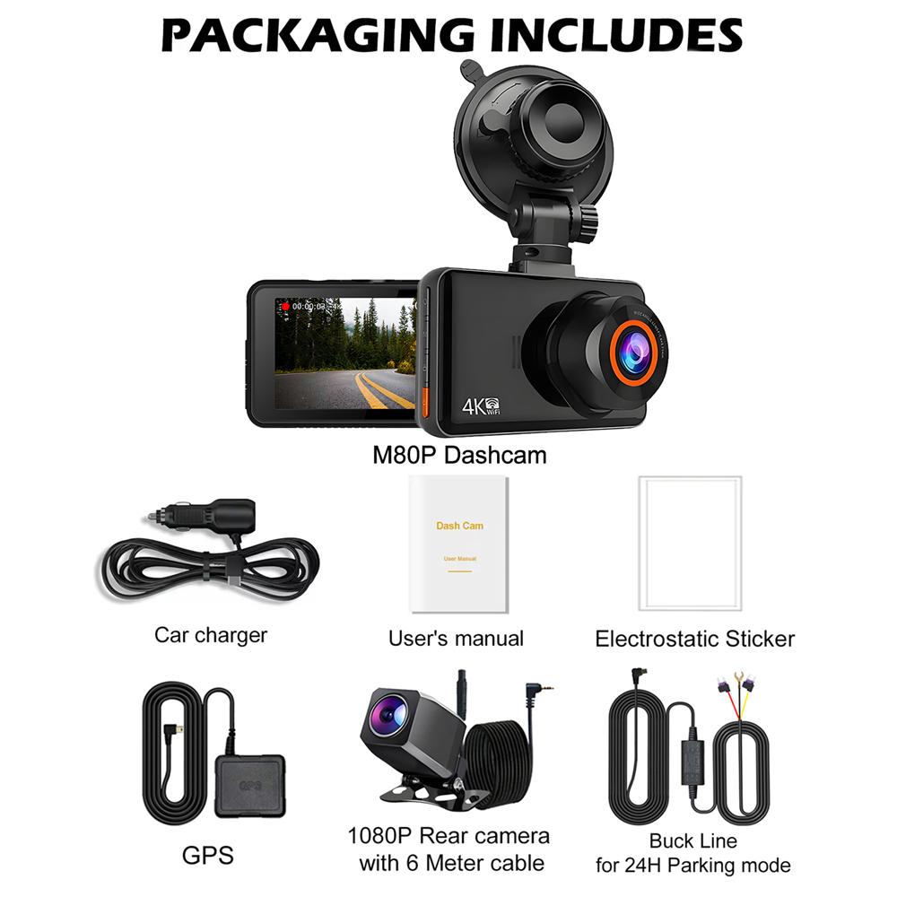 UHD 4K Dash Cam WiFi GPS Mini Car DVR Front and Rear Camera Video Drive Recorder Auto Night Vision WDR 24H Parking Black Box