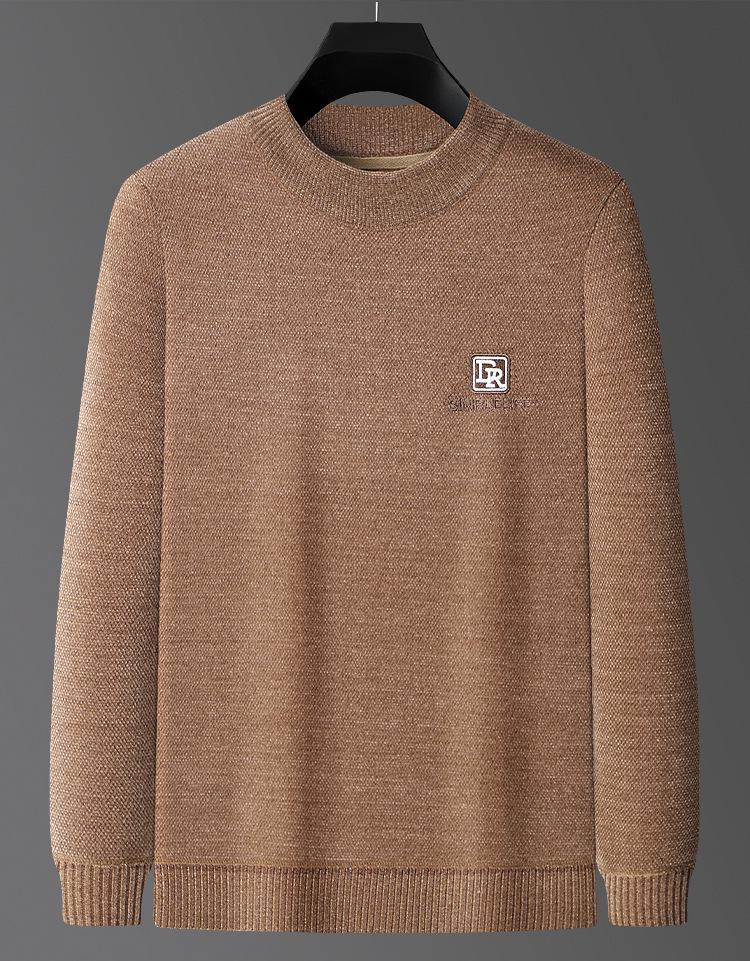 2025 Winter Men's Embroidered Fleece Sweater - Round Neck, Plus Velvet Chenille Knit, Thickened Base Layer Top