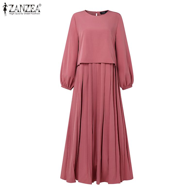 ZANZEA Vestido retro informal de manga larga y cuello redondo para mujer