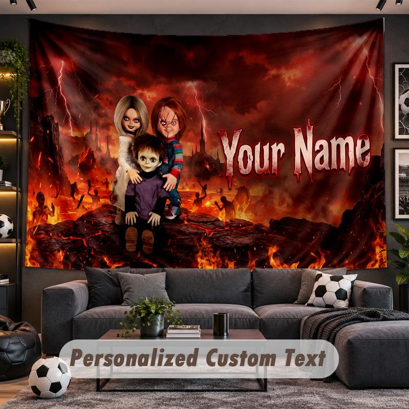 Child's Play Chucky Tiffany Personalized Tapestry Support Custom Name, Wall Art Home Decoration
