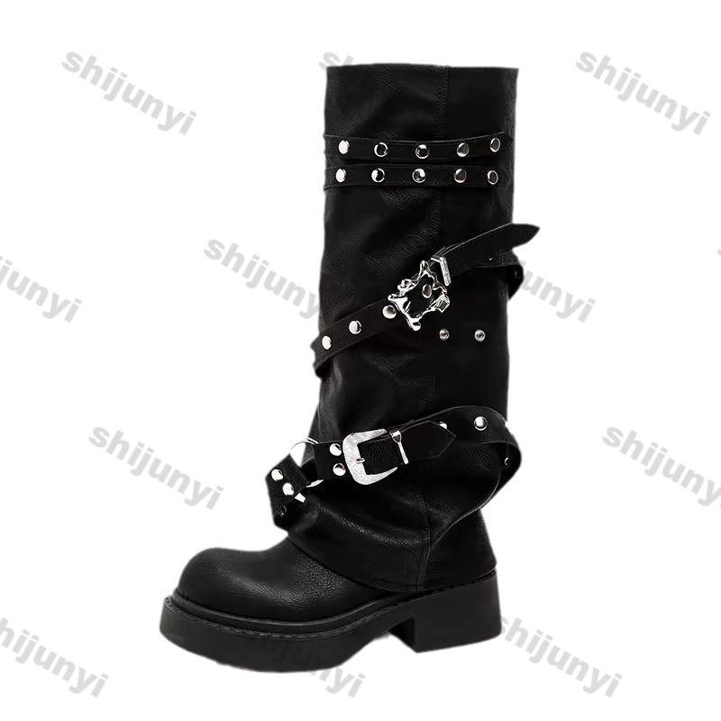 Moda Vintage Rebite Mulheres Calças Pernas Botas Altas Moda Punk Estilo Sapato Novo 2024 Outono Inverno Salto Grosso Senhoras Knight Long Booties
