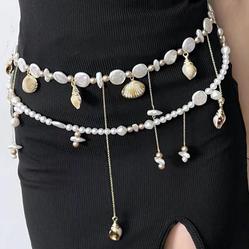 New Geometry Simulated-pearl Shell Conch Tassel Double layer Beaded Waist Chain Unique Trend Luxury Fashion Versatile Jewelry