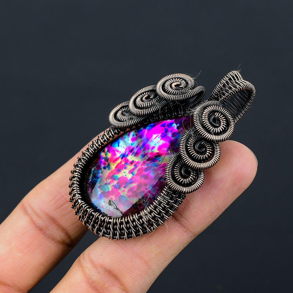 Multi Feuer Labradorit Handgefertigter Kupferdraht Wickelanhänger 2,56" w4U96