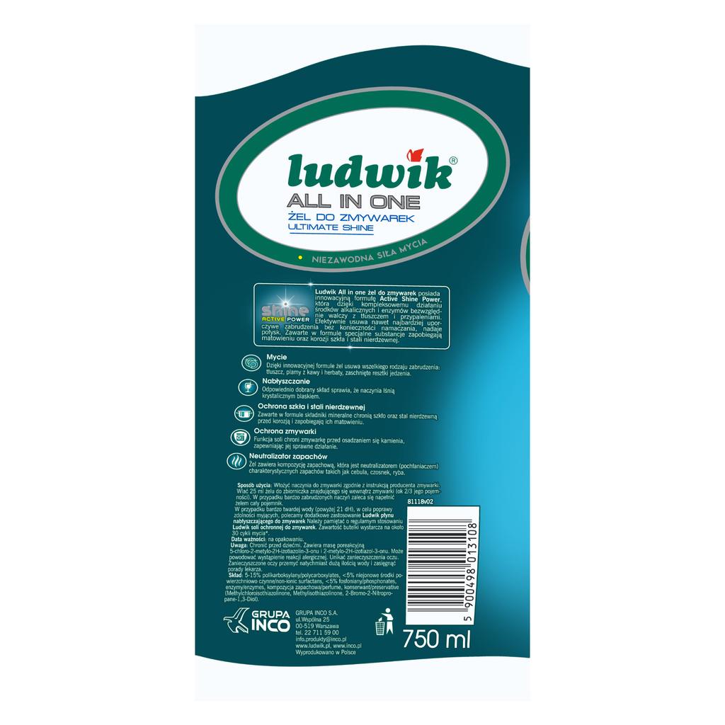Żel do zmywarek 750 ml Ludwik All In One skuteczne mycie i ochrona 1 szt.