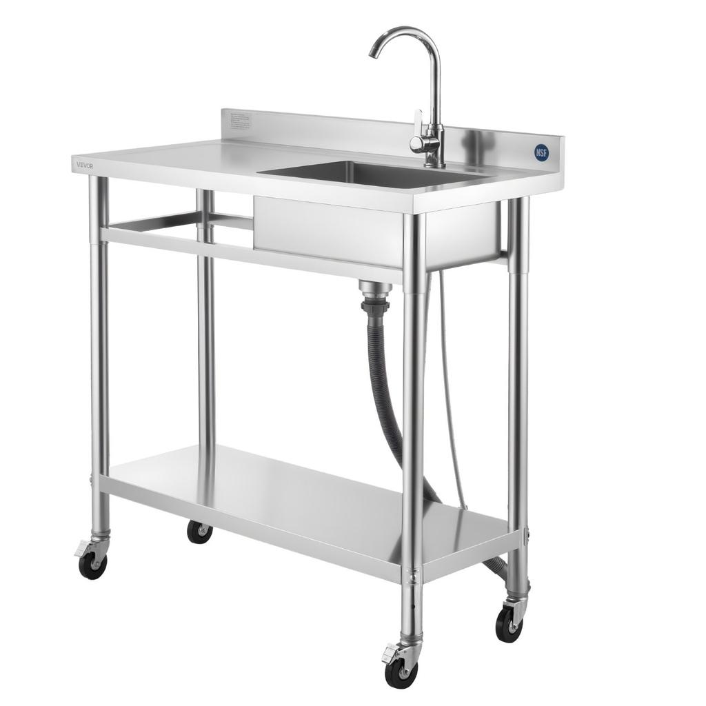 VEVOR Stainless Steel Utility Sink, Rolling Single Bowl Commercial Kitchen Sink with Wheels, Faucet and Hot & Cold Water Pipe