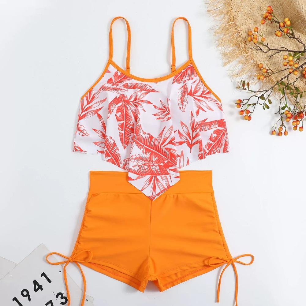European and American Swimwear Printed Multi-color Large Lotus Leaf Corset Drawstring Boxers Swimsuit