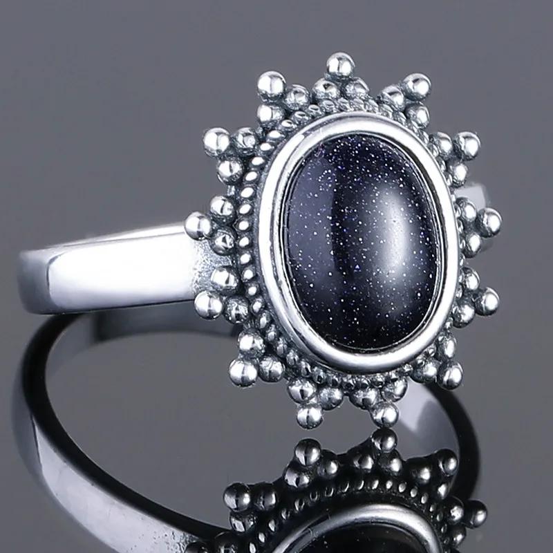 Nasiya Vintage Ring New Classic Blue Sandstone Gemstone Goose Stone Ring 7x9mm Europe Retro Thai CopperExaggerated