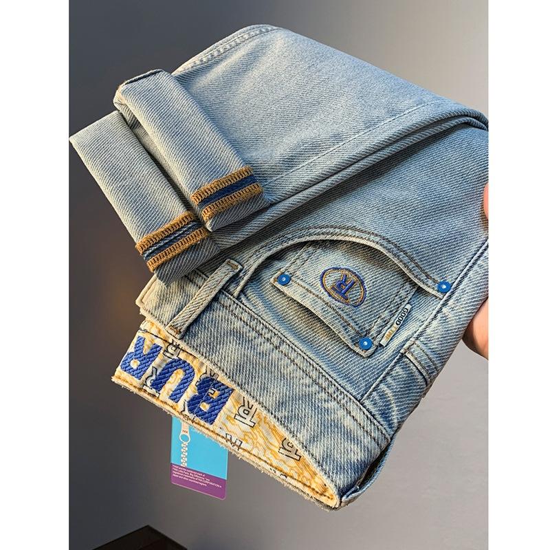 Summer casual jeans men's light-colored retro polished white slim-fitting nine-point pants high-end light luxury small foot elastic men's pants
