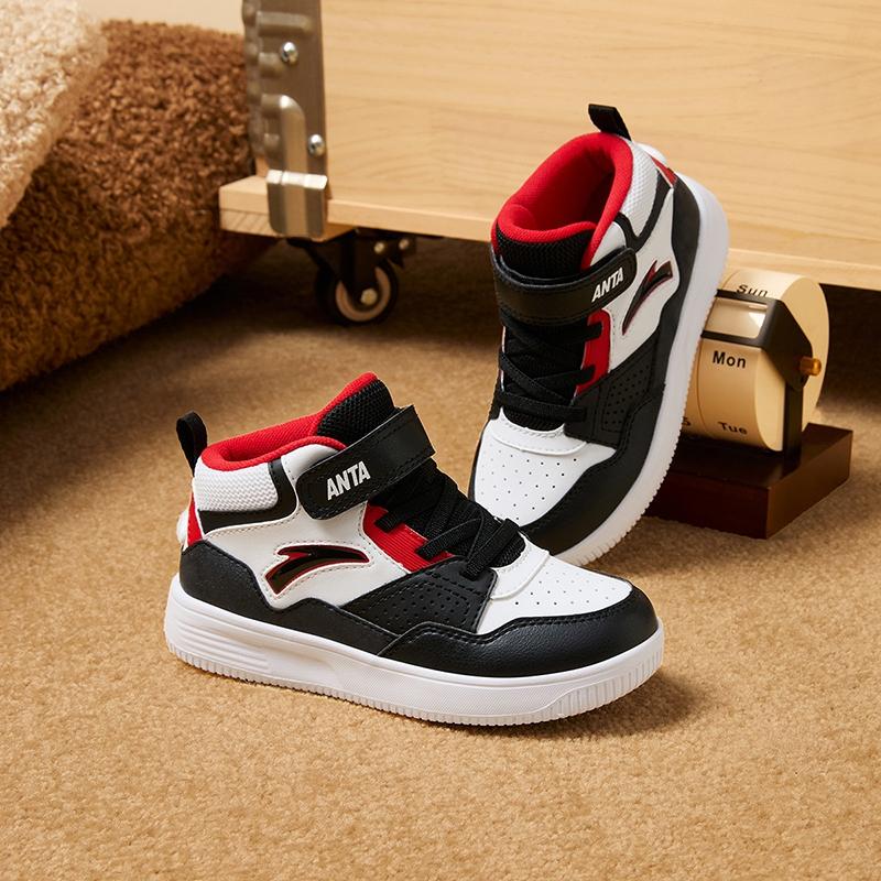 Anta Kids Synthetic Leather Simple Versatile Wear-Resistant Mid-Top Kids Sneakers Kids Sneakers White Black Red A12449946-2