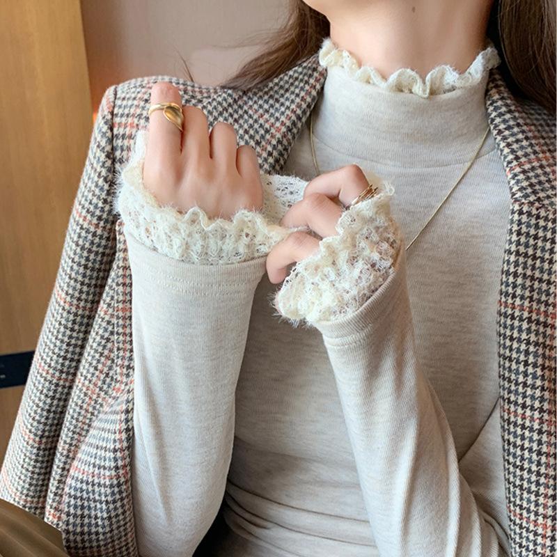 Lace Trim Semi High Neck Base Layer Women Autumn Winter Ribbed Sweater Embroidered Knit Top Inner Wear Shirt