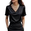 Damen T-Shirt Einfarbige Lockere Passform Glattes Satin V-Ausschnitt Kurzarm Oberteile Sommer Lässiges T-Shirt Tägliche Kleidung