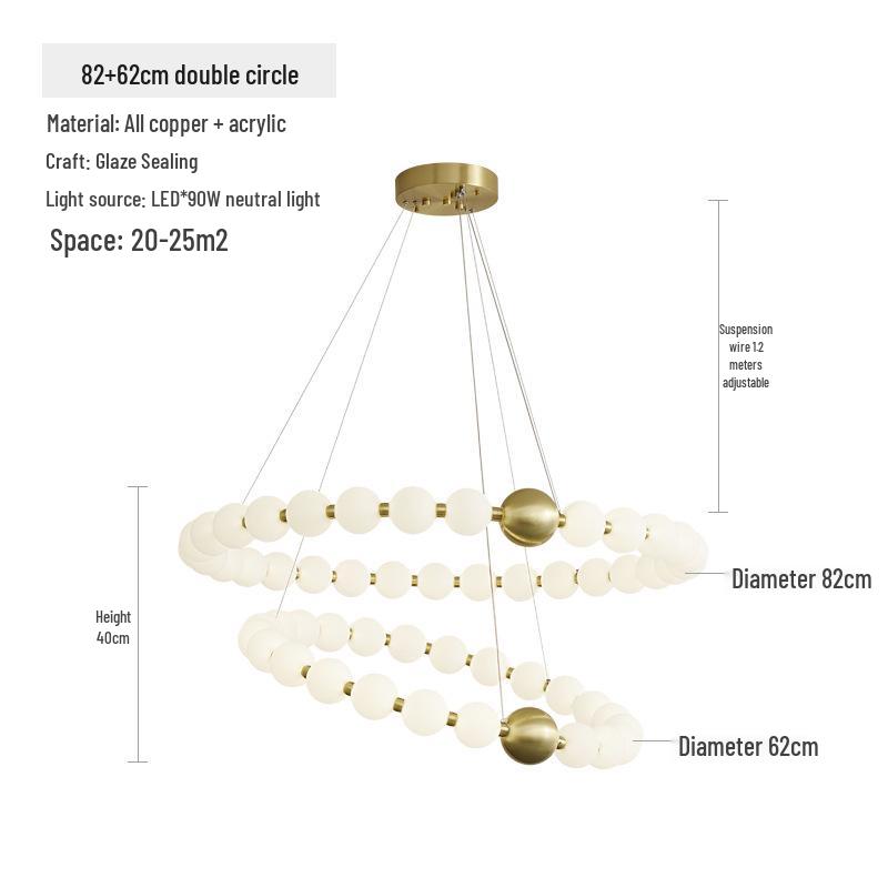 Nordic All-Copper Chandelier: French Pearl Necklace Design with Buddhist Beads and Acrylic for Dining and Living Rooms